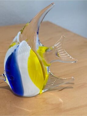 Hand Blown Art Glass Fish Figurine 4.5” Blue Yellow White Murano Style Coastal